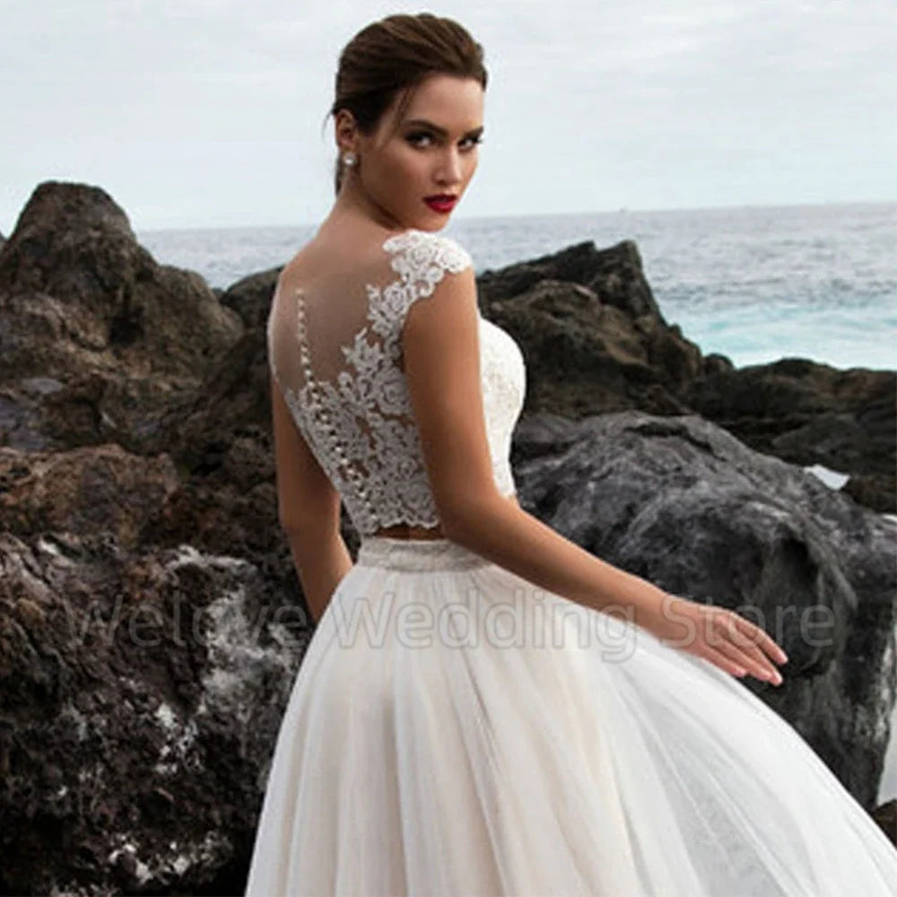 Cap Sleeves Two Piece Wedding Dress Scoop Neck with Applique Illusion Back A-Line Tulle Floor Length Bridal Marriage Gowns