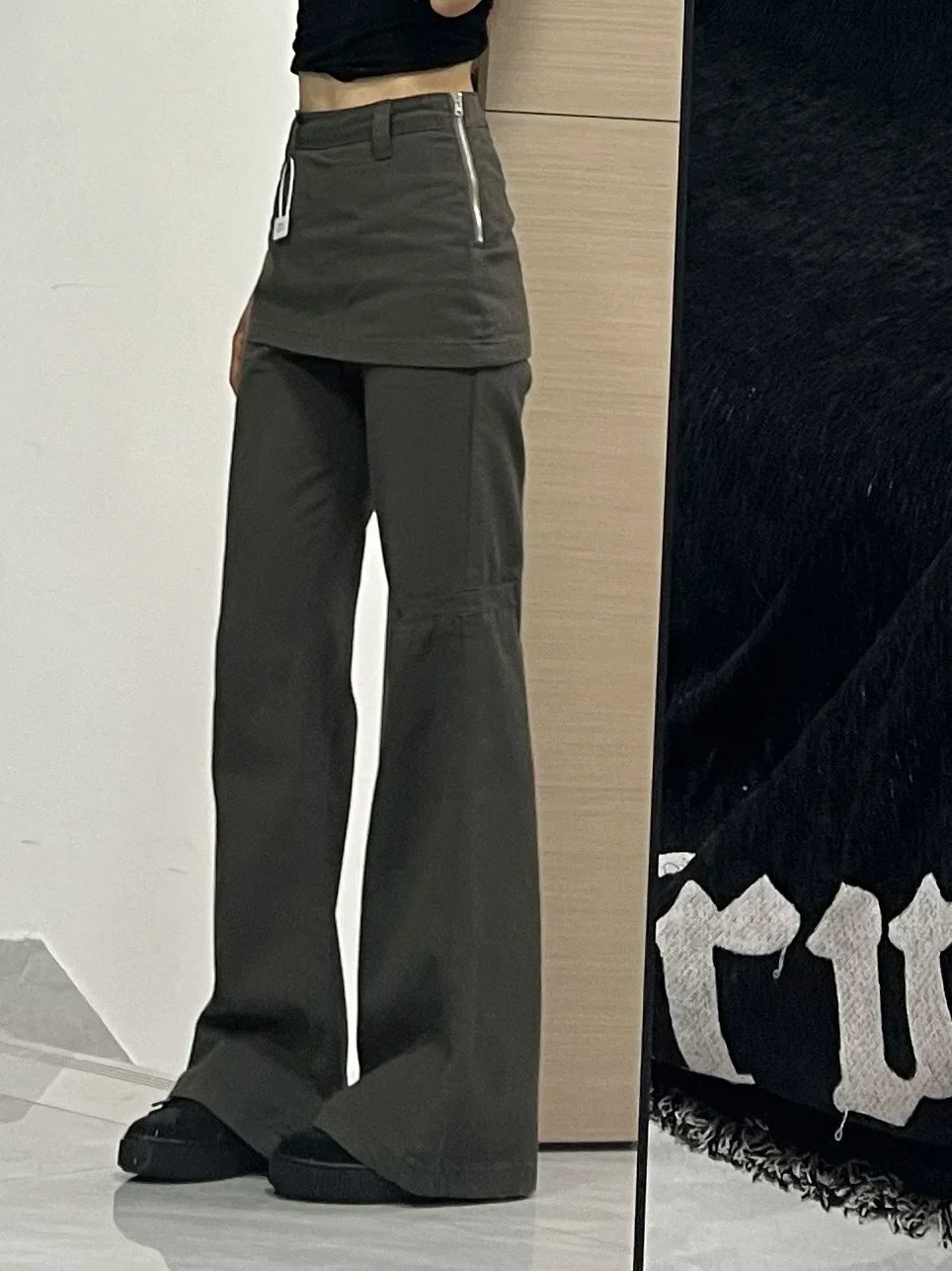 Y2k American Retro Fake Two-Piece Oversize Vintage Jeans Women High-Waist Straight Mini Bell-Bottom Skirt Wide-Leg Denim Pants