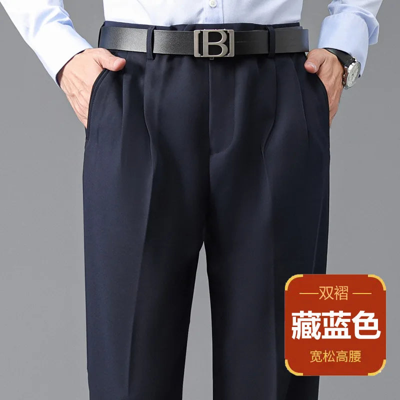 High Waist Suit Pants Men Autumn Thicken Double Pleated Straight Loose Formal Men Trousers High Quality Black Size 29-42 44 46