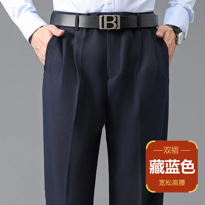 High Waist Suit Pants Men Autumn Thicken Double Pleated Straight Loose Formal Men Trousers High Quality Black Size 29-42 44 46