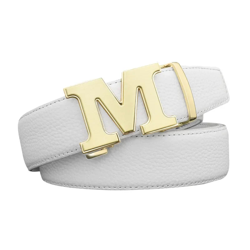 High Quality Designers Letter M White Leather Belt Men Luxury Famous Young Men Cowhide  Brand Jeans Relaxed Jeans Mode Man Belt
