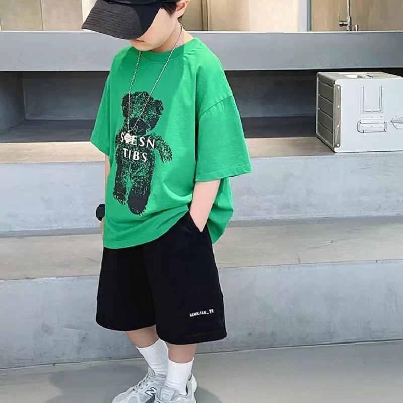 Summer Boys Cotton Cartoon Alphabet Short-Sleeved t-Shirt Tops+Short Pant Set School Kids Tracksuit Children 2PCS Outfit 3-16Yrs