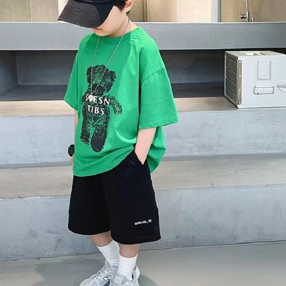 Summer Boys Cotton Cartoon Alphabet Short-Sleeved t-Shirt Tops+Short Pant Set School Kids Tracksuit Children 2PCS Outfit 3-16Yrs