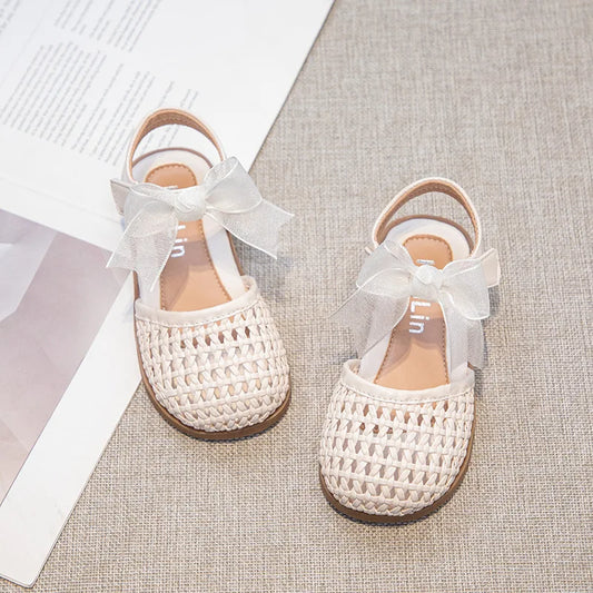 Children's Sandals Summer New Elegant Girls Princess Shoes Woven Style Beach Causal Kids Flat Sandals Solid Color Versatile