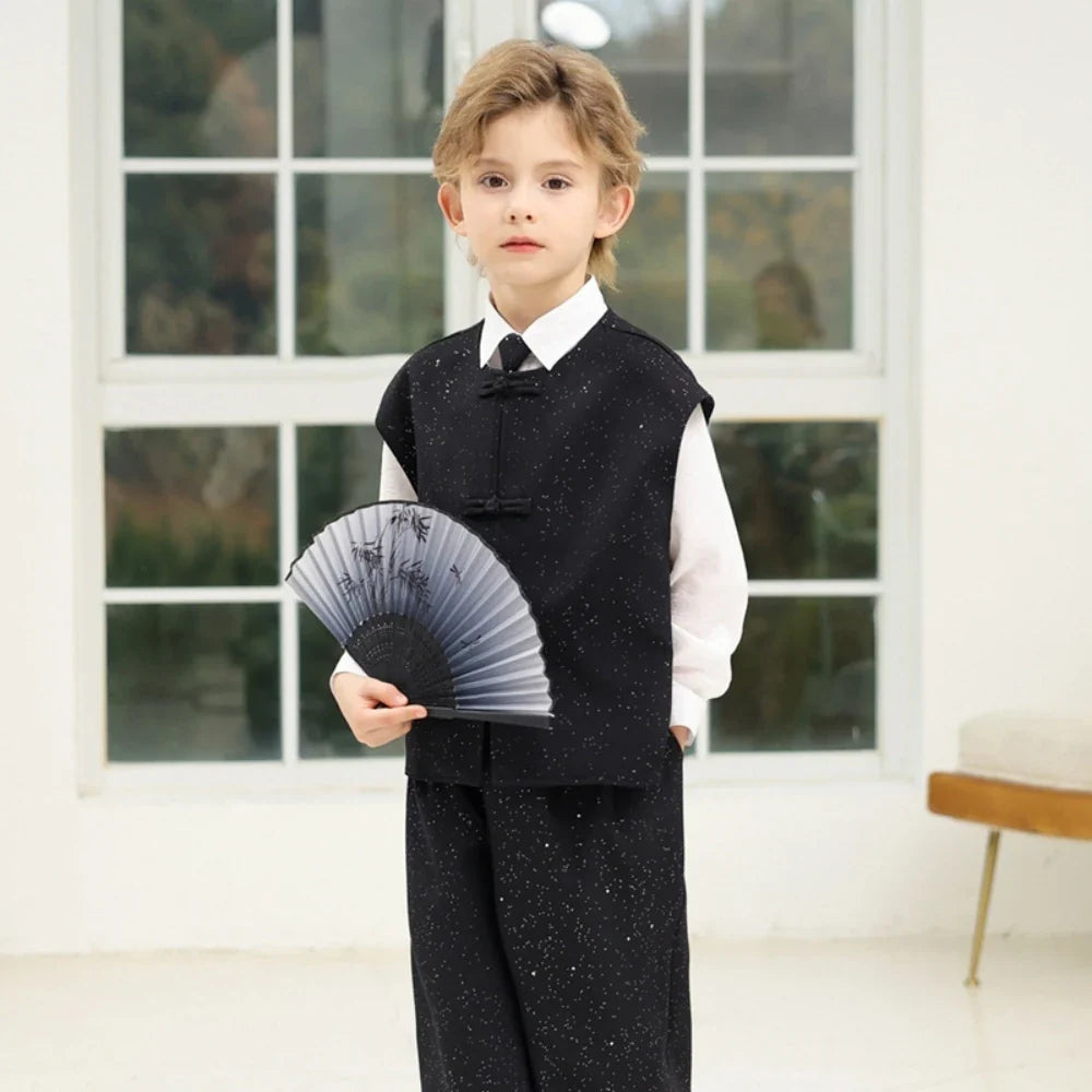 Exquisite Boys Embroidery Suit Set 4 Pieces Stage Performance Wear,Casual Notched Lapel Kids Suits For Celebration