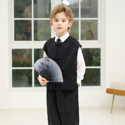 Exquisite Boys Embroidery Suit Set 4 Pieces Stage Performance Wear,Casual Notched Lapel Kids Suits For Celebration