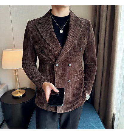 Autumn Winter New Men Corduroy Suit Jackets Double-Breasted Striped Slim Fit Casual Coats High Quality Formal Business Tailcoat