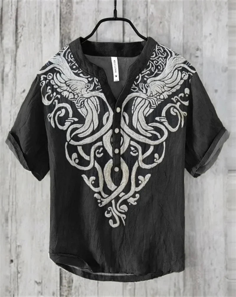 New Men's 3D Printed V Neck Short Sleeve Shirt Foreign Trade Casual Fashion Loose Linen Short Sleeve Shirt Top