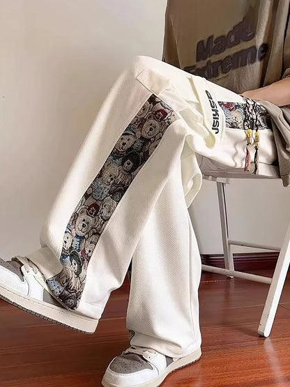 Japanese Anime Wide leg Straight Cargo Pants Men Streetwear Baggy Long Trousers Cotton Casual Patchwork Student 2023 New
