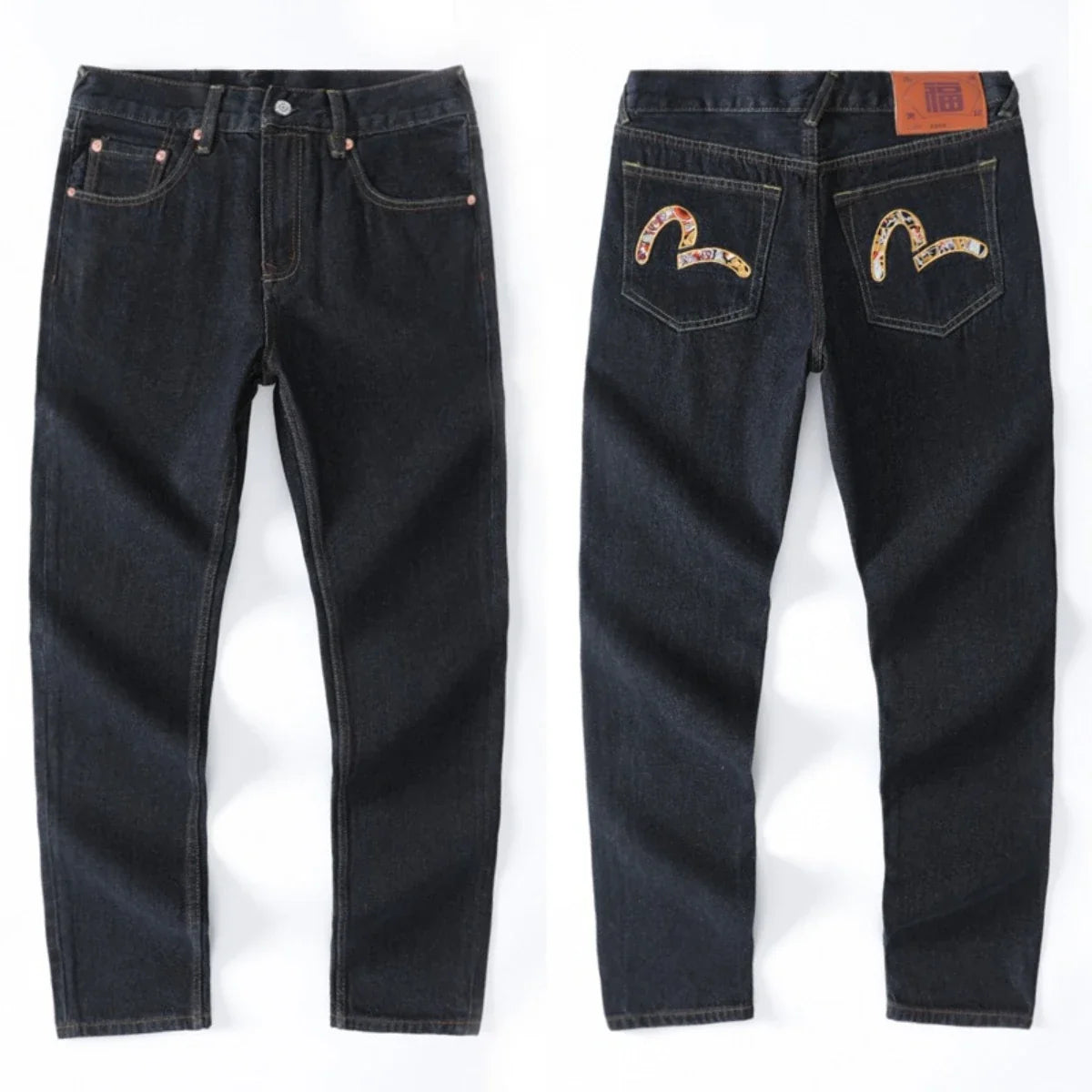 Japanese Handmade Embroidered Jeans Men's Pure Cotton Straight Tube Hip-Hop Popular Slim Red Ears Show Thin Trousers Devil Big M