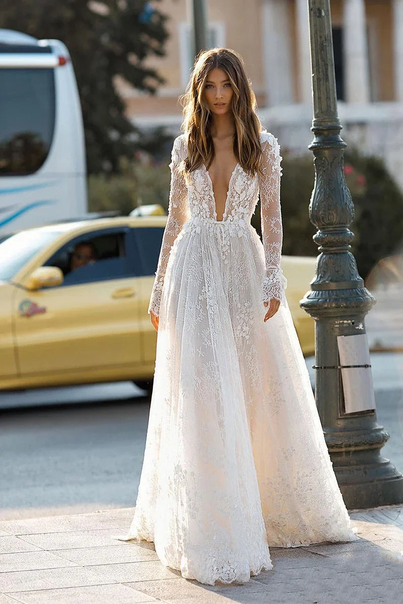 Sexy Deep V Neck Elegant 2027 Wedding Dresses Boho Backless 3D Flora Lace Appliques Beach Bridal Gown Custom Vestido De Novia