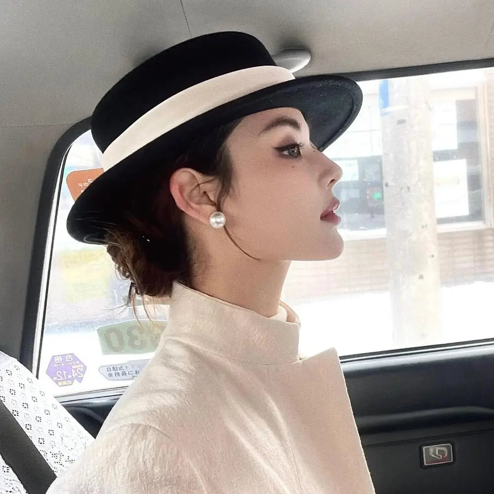 Fashion Formal Top Hat for Women Wide Brim Elegant Flat Felt Hat Retro Warm Fedoras Hats for Party