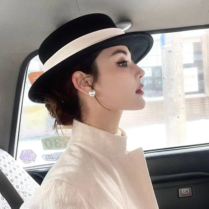 Fashion Formal Top Hat for Women Wide Brim Elegant Flat Felt Hat Retro Warm Fedoras Hats for Party