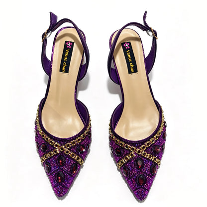 Ladies High Quality Women's Pumps purple Gold Shoes and Bag Set DURABLE OUTSOLE Italian Fashion Design For Nigeria Wedding