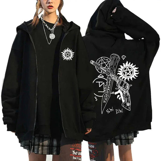 New Supernatural Printed Zipper Hooded Fashion Women Men Sweatshirt Casual Sport Hoodie Personality Zipper Long Sleeve Coat