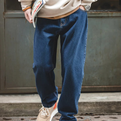 Men Vintage Washed Denim Jeans 12.8 OZ Straight Dark Blue Loose Casual Wide Leg Pants Male Streetwear Blue Jeans Trousers