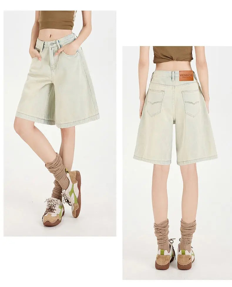 Women's High Waist Wide Leg  Y2K American Retro Washed Five-Point Denim Shorts Summer Loose Slim Straight Cut Mid-Length Pants