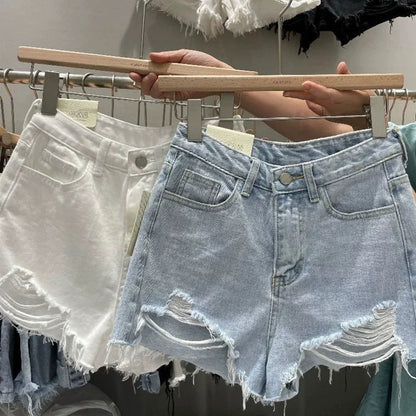 Summer Women Ripped Washed Hole Hight Waist Denim Pants Short Bermuda Pant Casual Tassel Tight Five-point Stitch Street Pants