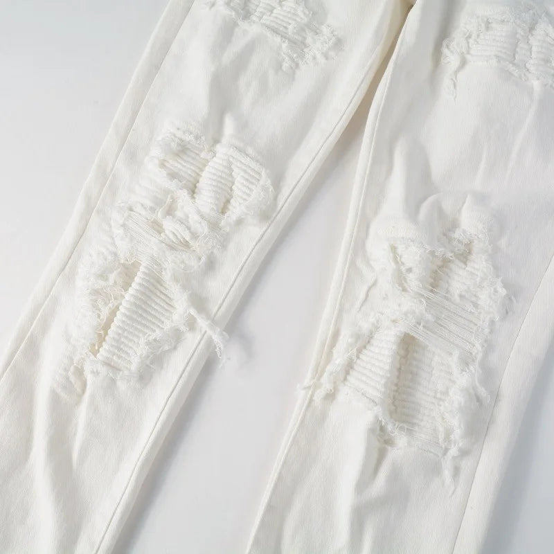 Men's White Stretch Ripped Biker Jeans Slim Skinny Pleated Patchwork Denim Pants