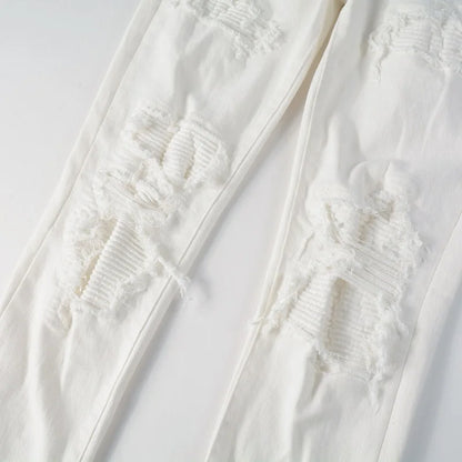 Men's White Stretch Ripped Biker Jeans Slim Skinny Pleated Patchwork Denim Pants