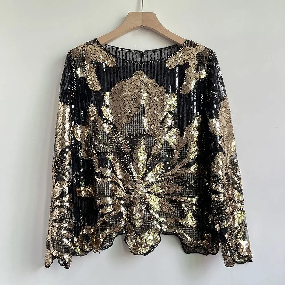 2025 Spring New Sequined Premium Outer Wear Ins Fashion Luxury Beads Long Sleeve Irregular Loose Chic T-shirt Top