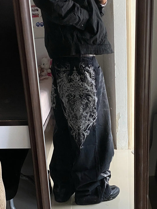vintage style printing black baggy jeans harajuku trend men women hip hop fashion casual Joker couple Wide-leg pants streetwear