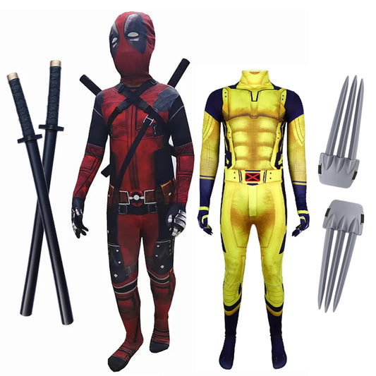 Deadpool vs Wolverine Boys Superhero Cosplay Spandex Suits with Accessories Swords Claws Children Birthday Gift Toy Role Play