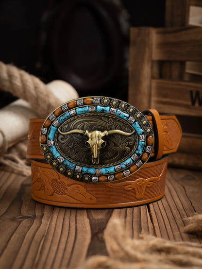 A Casual, Individual and Retro Belt, Western-Style Clothing Accessory, Metal Buckle, PU Belt, Suitable for Both Men and Women