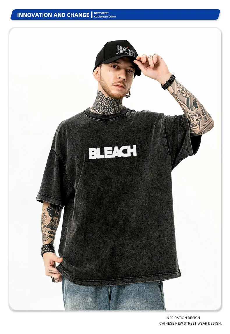Anime Zaraki Kenpachi T Shirts Oversized Vintage Washed B-Bleach T-shirt Manga Kurosaki Ichigo T Shirt Renji Uryuu Tops Tees Man