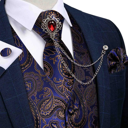 New Teal Green Paisley Formal Dress Vest Men's Suit Vest Waistcoat Tie Brooch Pocket Square Set for Tuxedo