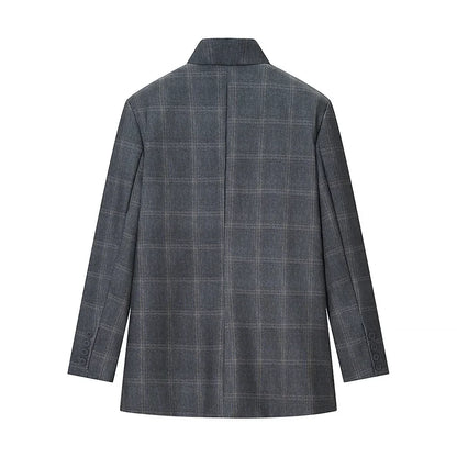 2026 Spring Female Coats Stand Collar Asymmetrical Pockets Gray Plaid Blazers Autumn Woman's Outerwear Clothing Vintage Street
