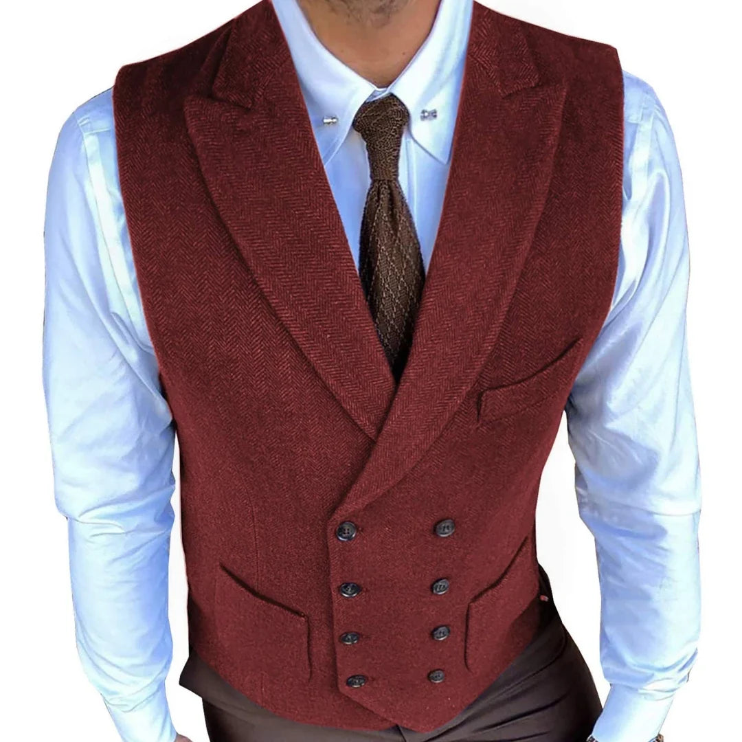 Men Vest Gray Herringbone Solid With Lapel Double Button Waistcoats For Wedding Banquet Business Office Work Men Suit Vest