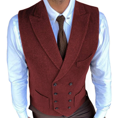 Men Vest Gray Herringbone Solid With Lapel Double Button Waistcoats For Wedding Banquet Business Office Work Men Suit Vest