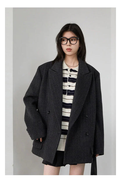 Women Woolen Blazer Loose Vintage V Neck Female Jacket Suit Double Breasted Office Ladies Coat Spring Autumn 2025