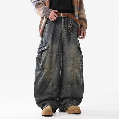 Retro Multi Pocket Curved Knife Jeans Autumn And Winter Vintage Wide Leg Workwear Pants Korean Version High Street Men'S Jeans