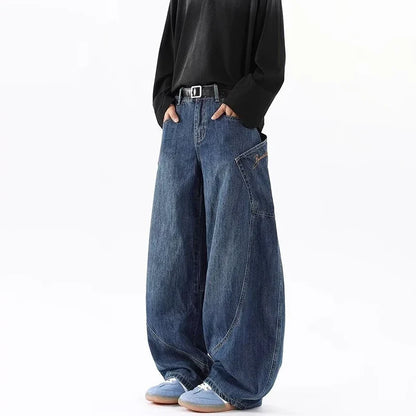 Korean Retro Men'S Jeans Fashion Large Pocket Design Curved Knife Jeans Straight Leg Pants Letter Embroidered Baggy Jeans Y2k