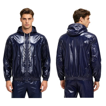 Mens Waterproof Hooded Raincoat Long Sleeve Front Zipper Rain Jacket Windbreaker with Drawstring Hood for Hiking Fishing Biking