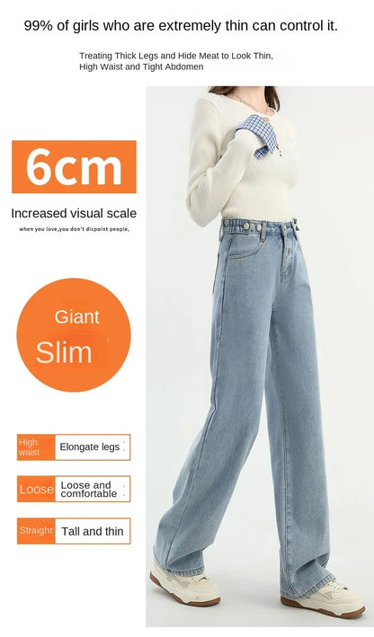 Winter Thick Warm Womens High Waist Jeans Fleece Lined Loose Fit Wide Leg Trousers Korean Style Stretchy Adjustable Waist  Jeans