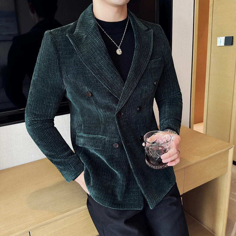 Autumn Winter New Men Corduroy Suit Jackets Double-Breasted Striped Slim Fit Casual Coats High Quality Formal Business Tailcoat