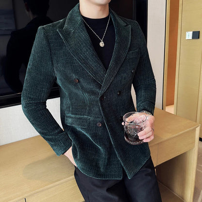 Autumn Winter New Men Corduroy Suit Jackets Double-Breasted Striped Slim Fit Casual Coats High Quality Formal Business Tailcoat