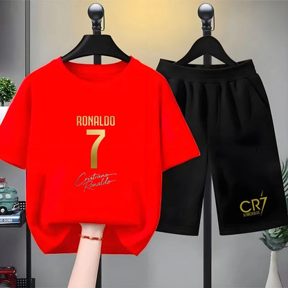Children Short-sleeved T-shirt+Shorts Black Boys Girls Toddler 3-12Yrs Sports Set Football Player No. 7 Summer Cool Clothing