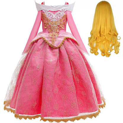 2026 Disney Sleeping Beauty Aurora Princess Dress Girl Cosplay Off Shoulder Kids Gifts Fancy Party Girl Baby Fine Lace Dress Set