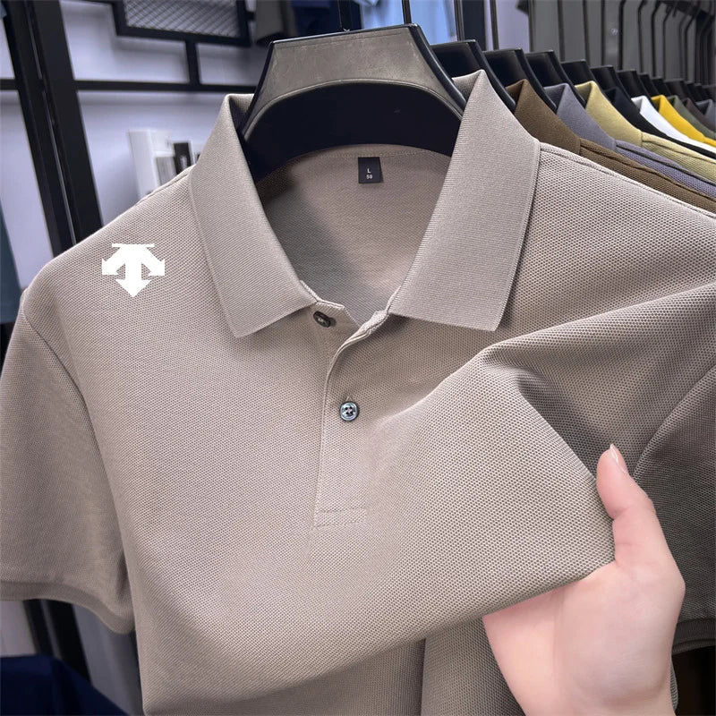 100% men's summer luxury brand polo shirt lapel geometric printing short sleeves t-shirt outdoor leisure men clothing tops