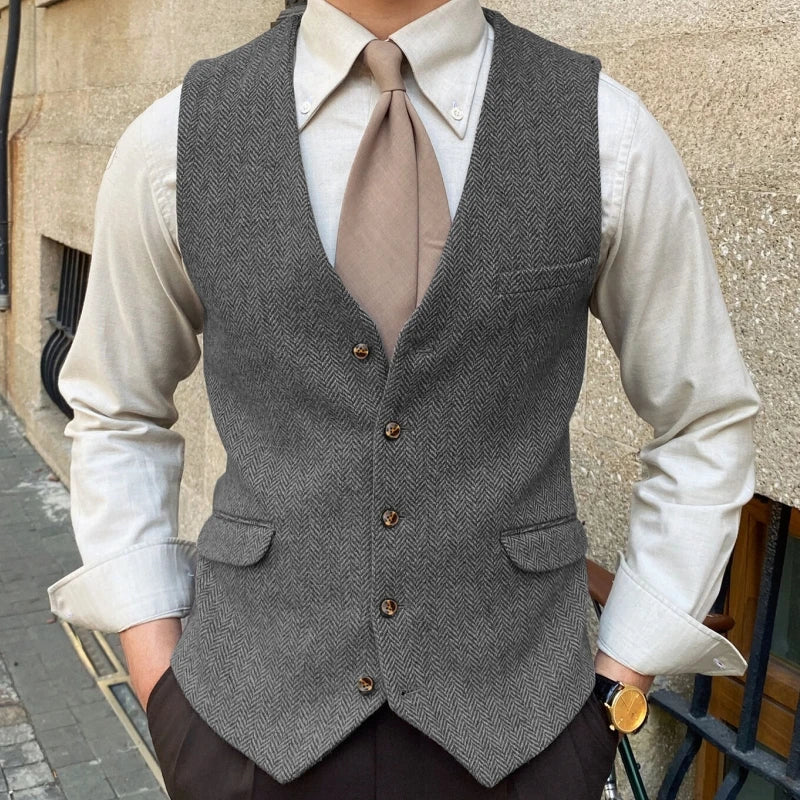 Men Vest Blue Herringbone Solid Color Single Button Waistcoat For Wedding Business Banquet Work Formal Men Suit Vest