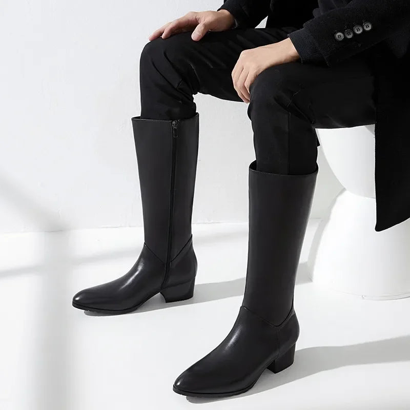 Italian Classic Men's Knee High Boots 5 Cm Heels Luxury Genuine Leather Comfortable Winter Warm Black Business Shoes Boots Man