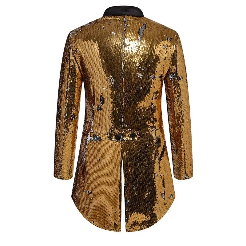 Red Men's Metallic Shiny Sequins Tuxedo, Performance,Party,Stage Performance Dress Coat,Fashion Long Cardigan Suit Jacket,S-XXL