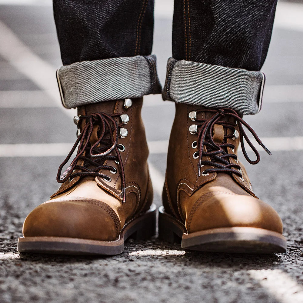 Full-Grain Leather 8111 Ankle Boots Retro Genuine Leather Paratrooper Motorcycle Boots for Men's Fall Winter Casual Shoes
