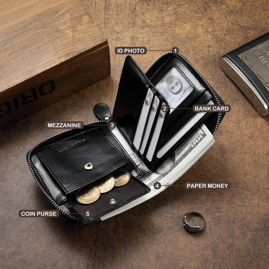 Portefeuille court en cuir de vachette véritable pour hommes avec fermeture éclair – Blocage RFID et boîte cadeau