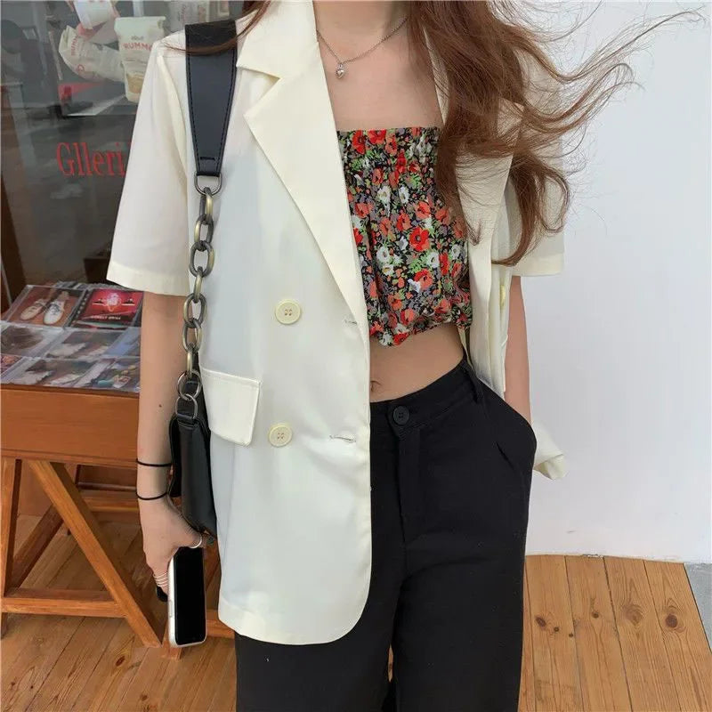 2025 Women's Summer Short-sleeved Jacket Casual All-match Loose Double-breasted Blazers Coat Woman Korean Chic White Blazer