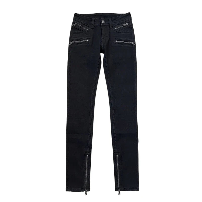 Women Tight Low Rise Jeans Biker Moto Zipper Cuffs Stretchy Black Split Straight Denim Pants Rokku Gyaru Streetwear